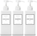16.9oz Set of 3 White Shower Dispensers with Labels, Refillable for Shampoo, Conditioner, Body Wash