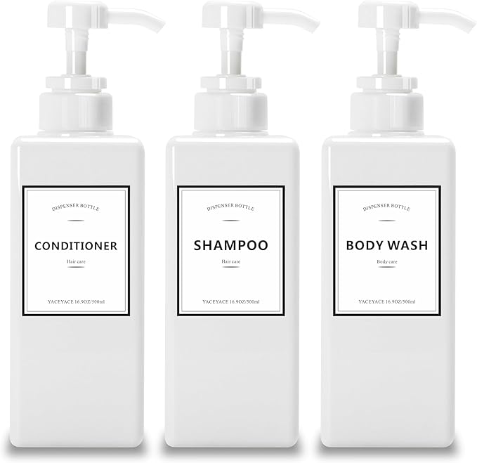 16.9oz Set of 3 White Shower Dispensers with Labels, Refillable for Shampoo, Conditioner, Body Wash