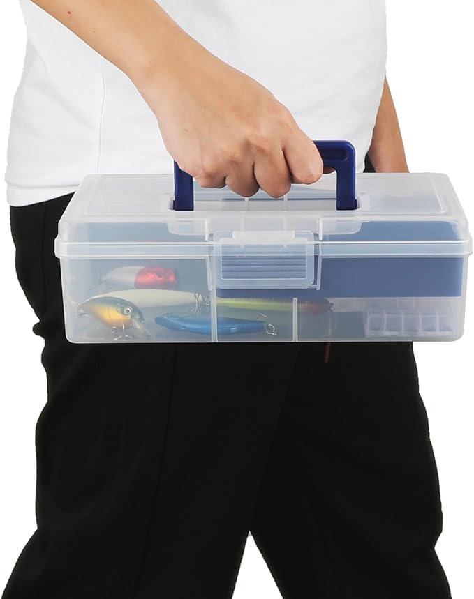 JUXYES Plastic Carry Storage Box with Removable Dividers, Clear Art Craft Supply Storage Bin Sewing Box with Handle Lid, 2 Layers Stationery Storage Case for School/Office Supplies