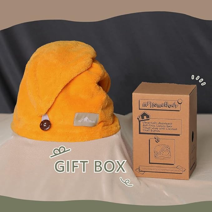 myHomeBody Hair Towel Wrap, Luxury Quick Drying Turban, Ultra Soft Absorbent Charcoal Fiber Cap, with Coconut Shell Button– Mango