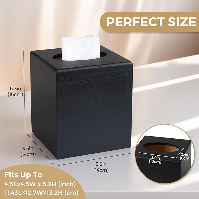 Wood Tissue Box Cover Square, Black Tissue Box Cover, Decorative Cube Facial Wooden Tissue Box Holder with Slide-Out Bottom for Bathroom, Bedroom, Dinner Table, Office, Kitchen