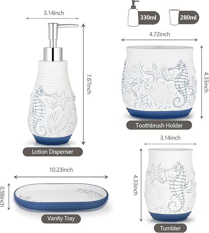 Beach Theme Bathroom Accessory Sets 4PCS Bathroom Accessories Set Complete Embossed Seashell Starfish Design Includes Lotion Dispenser Toothbrush Holder Tumbler Cup & Vanity Tray
