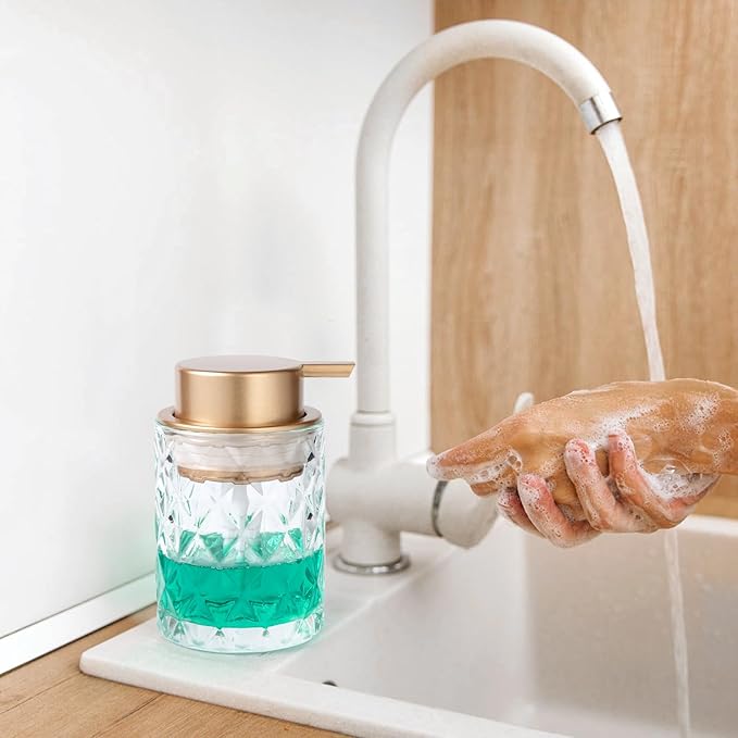 Bathroom Glass Soap Dispenser with Durable Rust-Proof Plastic Liquid Pump (Can't Foam) Hand Lotion Dispenser Antislip Shampoo Kitchen 10oz