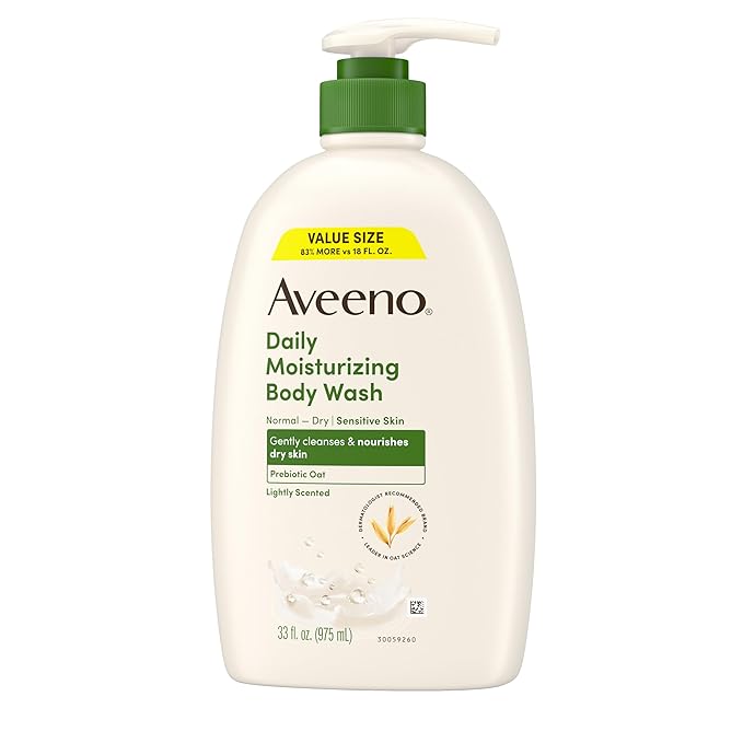 Aveeno Daily Moisturizing Body Wash for Dry & Sensitive Skin + Prebiotic Oat, Body Wash Gently Cleanses & Nourishes Dry Skin, Lightly Scented, Value Size, 33 fl. oz