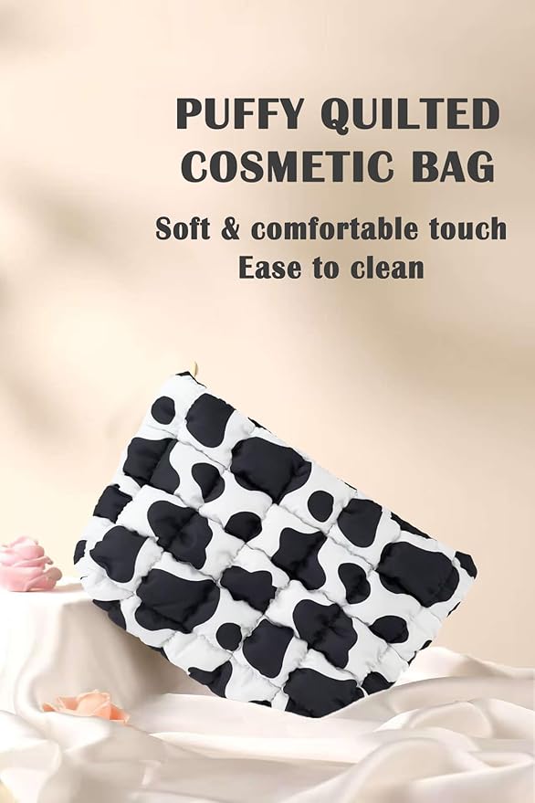 Puffy Quilted Makeup Bag, Cosmetic Bag, Travel Toiletry Organizer Pouch, Clutch for Women (Cow Print)