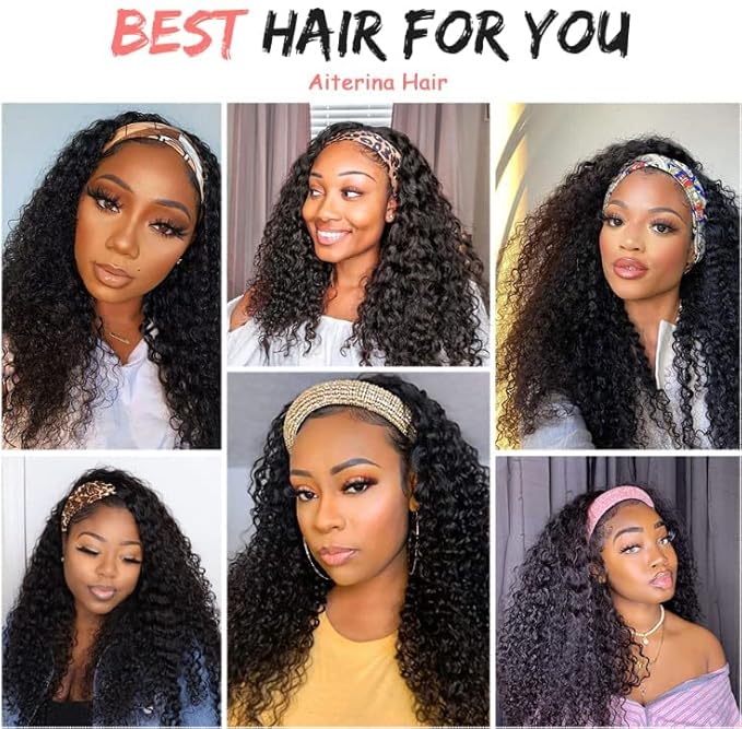 Aiterina Headband Wig deep wave human hair wigs for Black Women Brazilian Remy Hair Glueless Non Lace Front Wig 150% Density Natural Color (28 inch, Headband Wig Deep Wave)