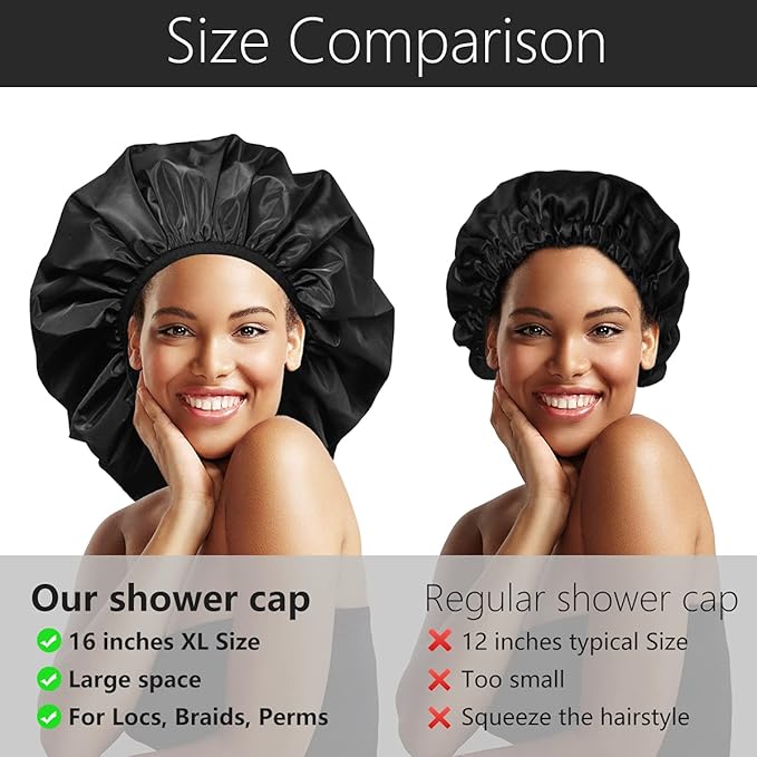 Auban Extra Large Shower Cap, Double-Layer Waterproof Reusable, XL Satin Lining Shower Bonnet for Women Thick, Long Hair, Locs, Braids(Black)