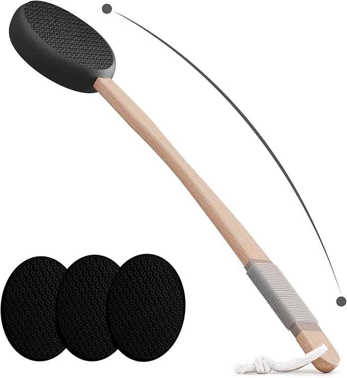 Back Lotion Applicator with 4 Replaceable Pads, Lotion Applicator for Back Self Elderly, Women, Cream Medicine Applicator with 17" Curved Handle Easy to Target Back and Feet, Black