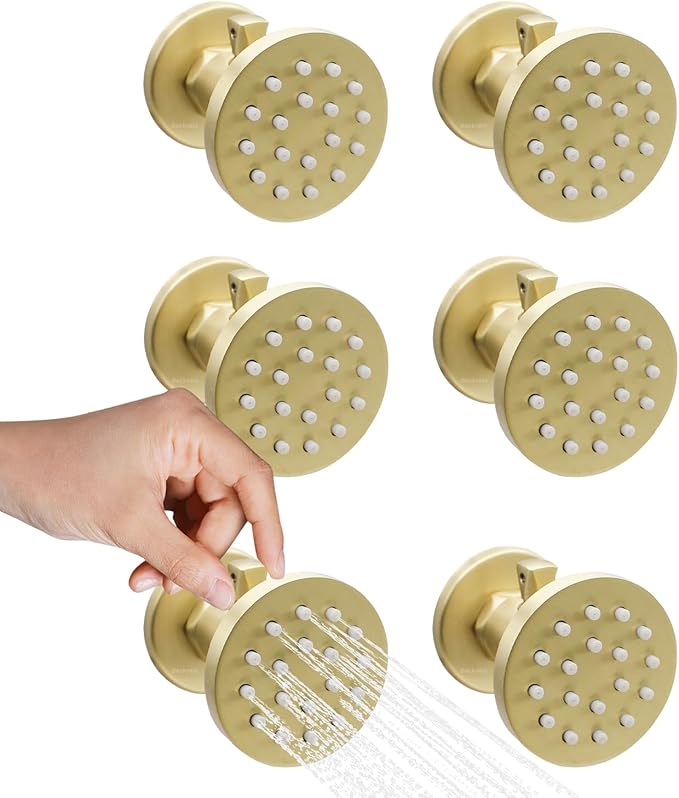 (Upgrade) Solid Brass Shower Jets with On Off Switch Brushed Gold Round Shower Body Sprays Massage Wall Jets Rotating Showerhead Body Sprayers Adjustable, NPT 1/2”