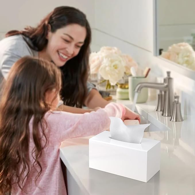 Tissue Box Cover, PITBVO Acrylic Tissue Box Holder Rectangle Upgrade Size Facial Tissue Holder Handmade Napkin Dispenser for Bathroom Kitchen Bedroom Home Office (Glossy White, 9.85"L x 5.1"W x 5.3"H)