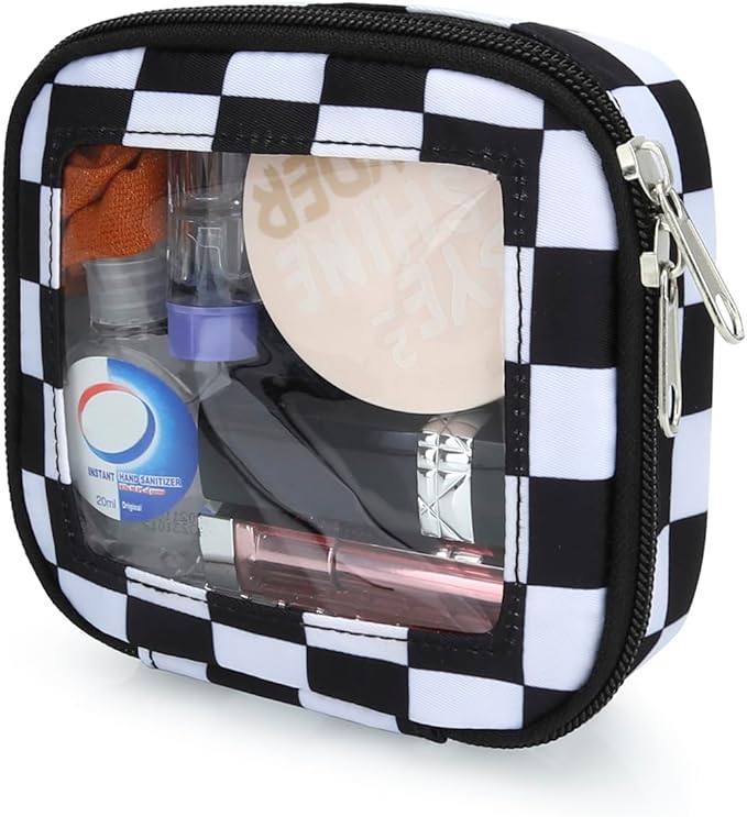 DOB SECHS Mini Checkered Bag for Purse 5.1'' x 5.1'' Small Makeup Bag for Car Cute Clear Cosmetic Bags with Zippers, Tiny Toiletry Bag Lipstick Pouch Organizer Case Travel Essentials Storage Pouches