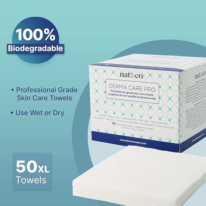 Nat.&Co. Derma Care Pro 100% USDA Biobased Material - Professional Grade Extra Large Face Towels - Bio-Based Towel, Makeup Remover Dry Wipes, Facial Wash Cloths for Sensitive and Clean Skin - 50 Count