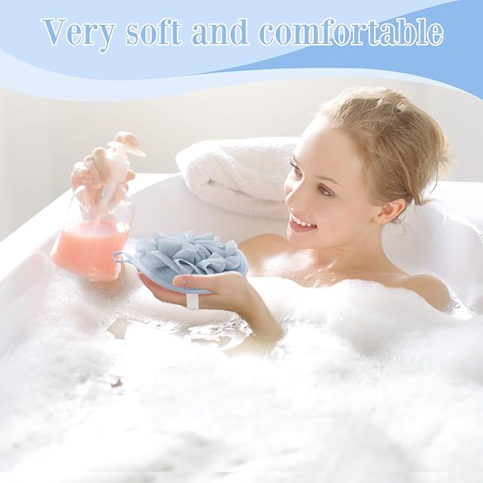 Boao 3 Pcs Bath Shower Pouf Sponge Mesh Pouf Shower Ball Exfoliating Body Sponge Pad Scrubber Glove with Flower Bath Ball (Blue)