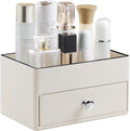 PU Leather Makeup Organizer with Drawer, Waterproof Cosmetic Storage Box, Multifunctional Nightstand Vanity Organizer for Skincare, Perfume, Jewelry, Bathroom Countertop (Beige)