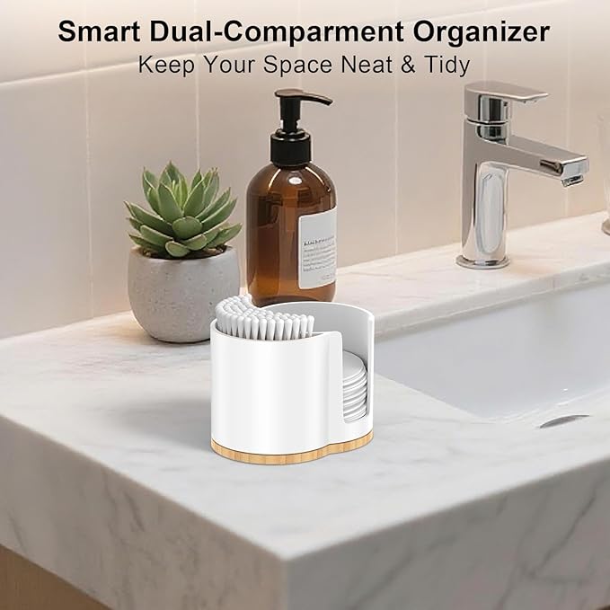 Cotton Pad and Swab Holder, Q tip Holder Round Cotton Pad Dispenser Plastic Cotton Swabs Dispenser, Bathroom Accessories Storage Organizer for Cotton Pads Floss Picks, White