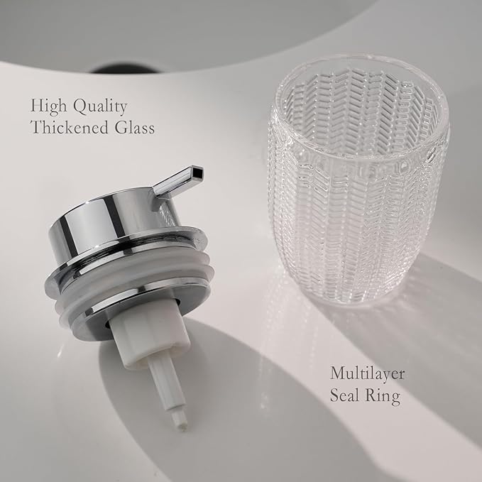 Foaming Hand Soap Dispenser, Glass Foam or Lotion Dispenser for Kitchen & Bathroom Refillable Liquid Soap with Large Silver Pump(Barrel Pattern-Clear)