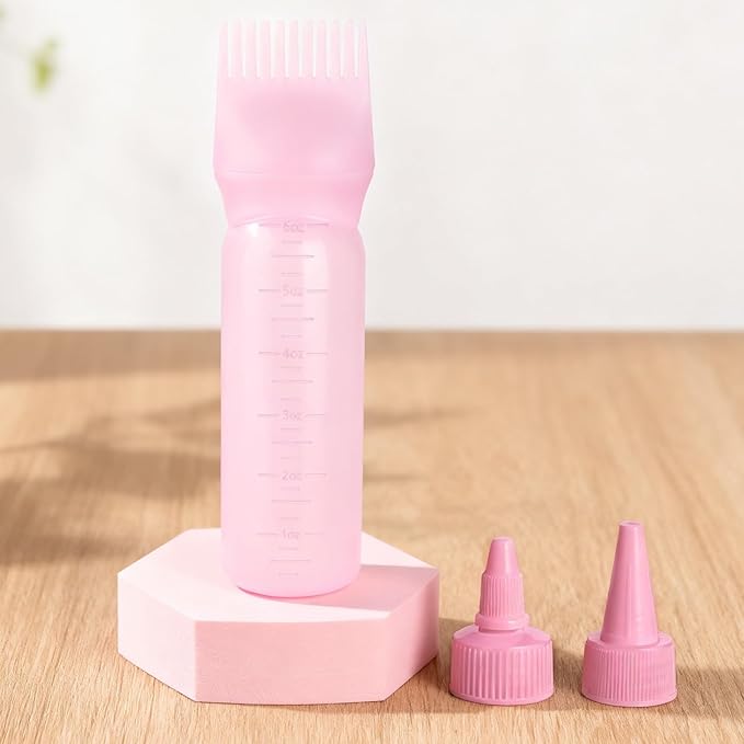 Root Comb Applicator Bottle Oil Applicator for Hair Dye Hair Oiling Bottle with 2 Type Caps and Graduated Scale, 6 Ounce (Pink)
