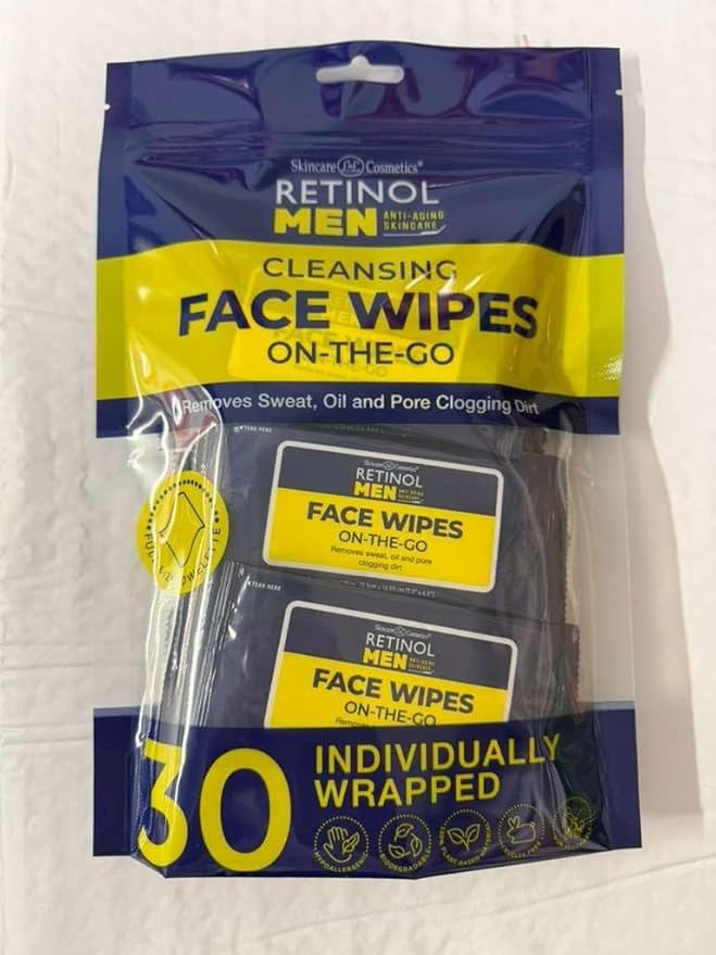 LIVAURA Retinol Men’s Individually Wrapped Wipes, Large Face and Body Wet Wipes with Micellar Water and Vitamins A-C-E, 30 Travel Essentials