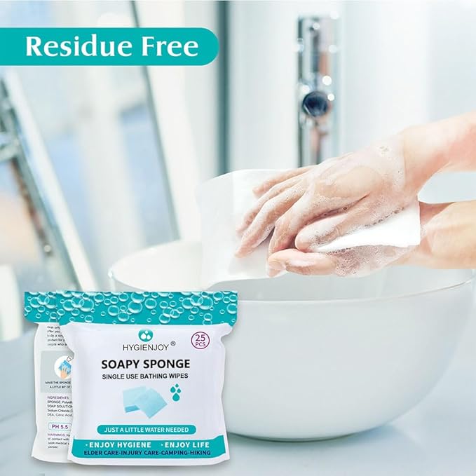 HYGIENJOY-Rinse Free Bath Sponges No Rinse Bathing Wipes(25 Counts)-No Residue Shower Wipes,Soap Infused,Lather,For the Elderly,Bedridden,Campers,Hikers,Post Surgery Must Haves