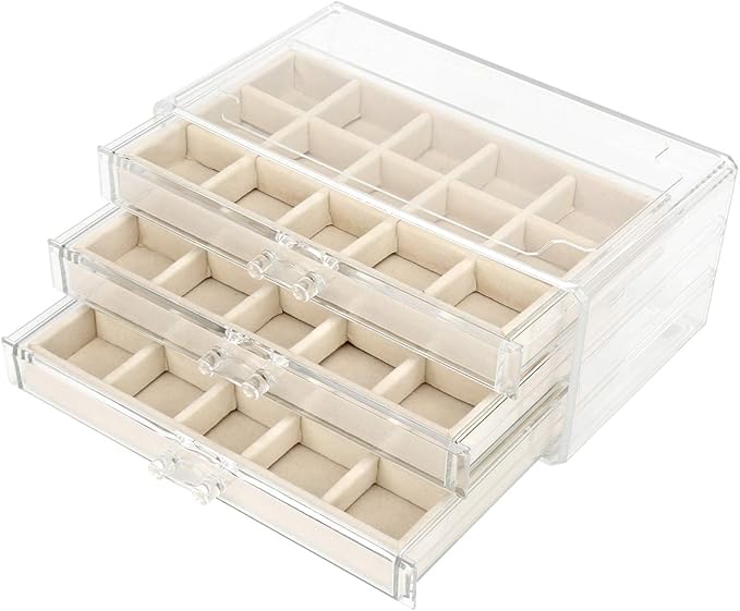 Acrylic Jewelry Organizer Makeup Cosmetic Storage Organizer box Clear Jewelry Case with 3 Drawers Adjustable Jewelry Box Velvet Trays grid size