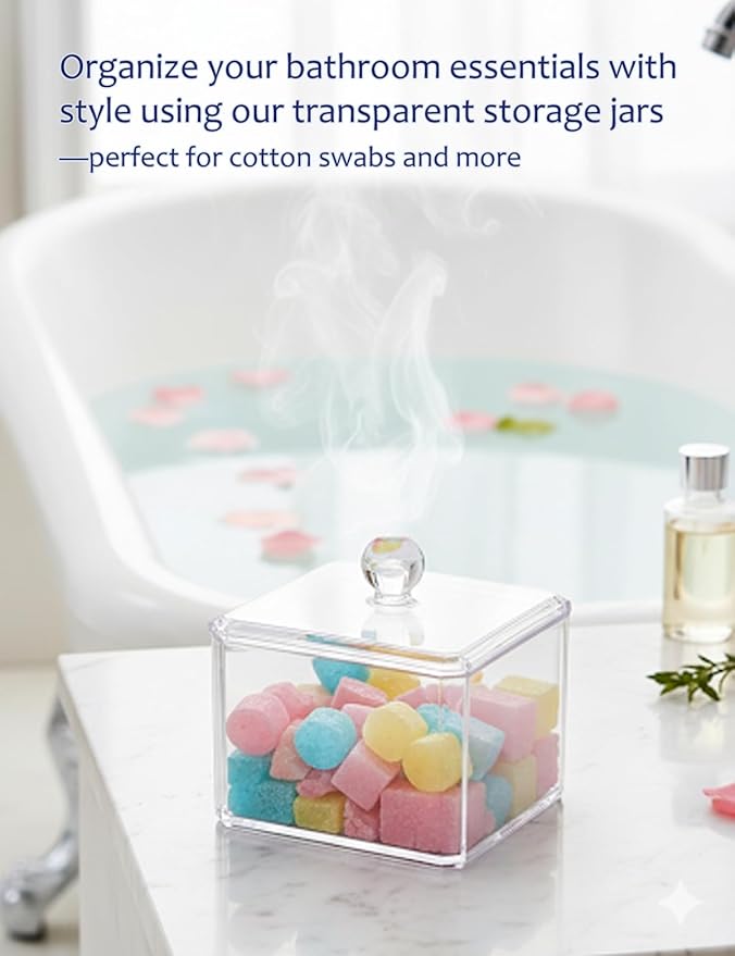 Cotton Swab Holder with Plastic Lid, Clear PS Qtip Container, Single Layer Bathroom Organizer for Cotton Balls & Pads, Vanity Storage, Dorm Room Essentials, Small Space Decor