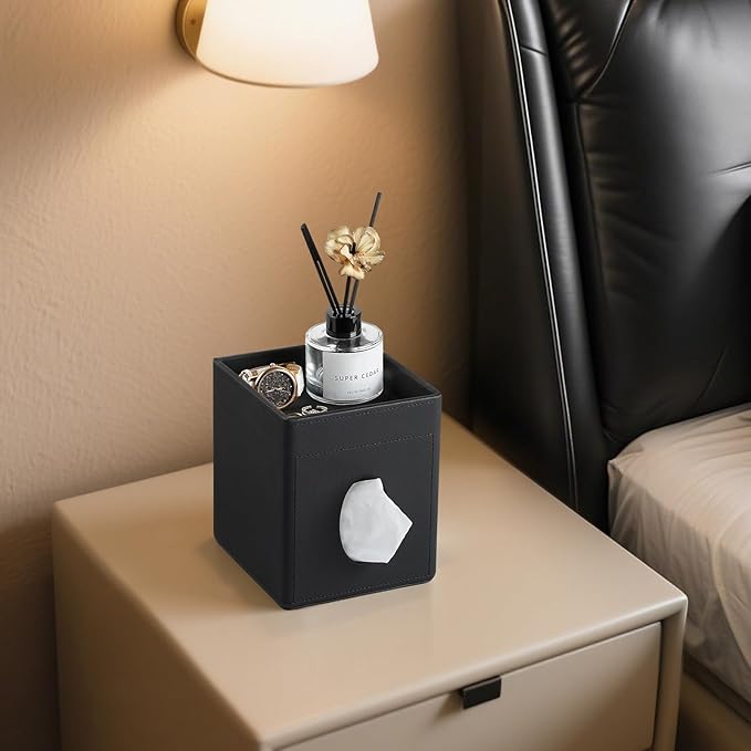 Tissue Box Cover, PU Leather Square Tissue Box Holder with Storage Tray for Bathroom Vanity Countertop Night Stands Bedroom Office Desk, Stylish Tissue Holder Decorative Organizer (Black)
