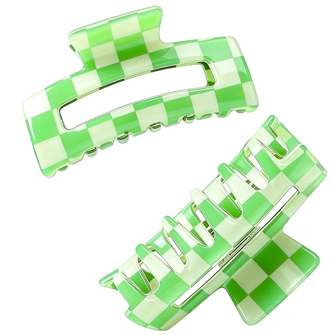 2 PCS Checkered Hair Claw Clips Green Non Slip Hair Jaw Clips Strong Hold Rectangle Hair Claw Multicolored Plaid Checkered Hair Clip Rectangle Hair Barrettes Hair Styling Accessories for Women Girls