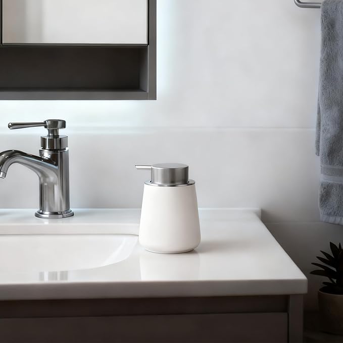 Foaming Soap Dispenser - 12 Oz White Ceramic Foam Hand Soap Dispenser for Bathroom, Face Wash Dispenser Bottle with Matte Silver Foaming Pump, Refillable Lotion Dish Dispenser for Kitchen