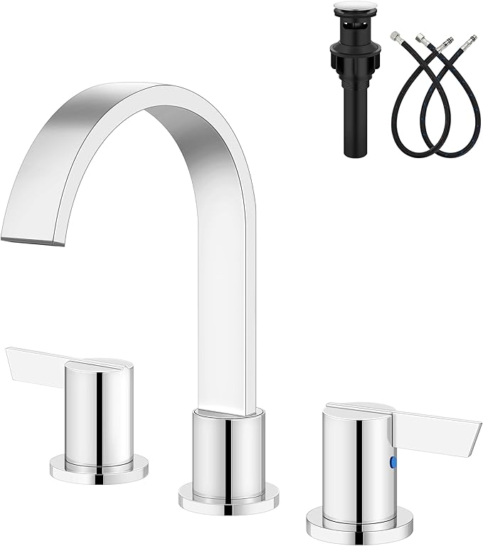Aolemi Bathroom Faucets 3 Hole,8 Inch Widespread Waterfall Bathroom Sink Faucet,2 Handles Vanity Faucet with Pop-up Drain and Supply Hose,Polish Chrome