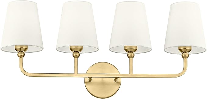 4-Light Bathroom Light Fixtures, Brushed Gold Vanity Lights with Flared Beige Fabric Shade, 28 Inch Wall Sconce, Vintage Sconces Wall Lighting for Hallway Bedroom, VL837-BG-B-4