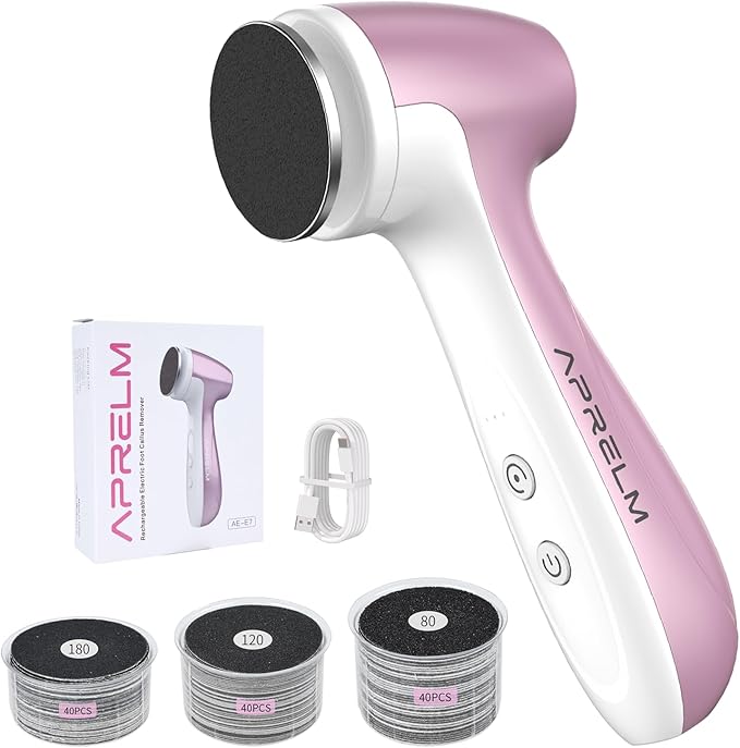 Rechargeable Electric Foot Callus Remover with 3-Sizes 120Pcs Sandpaper Discs, Professional 1000RPM 3-Speed Control Electric Foot File (E7 Pink)