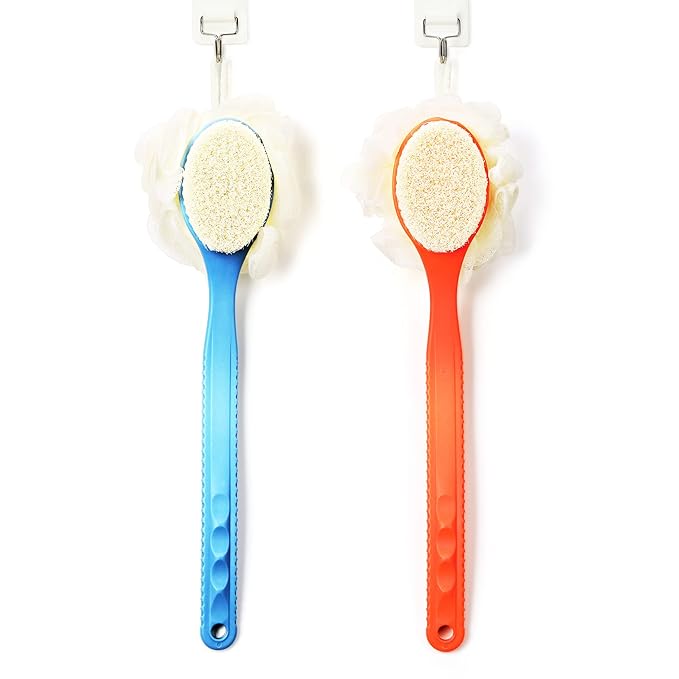 Shower Body Brush with Bristles and Loofah,Back Scrubber Bath Mesh Sponge with Curved Long Handle for Skin Exfoliating Bath, Massage Bristles Suitable for Wet or Dry, Men and Women (Grey)