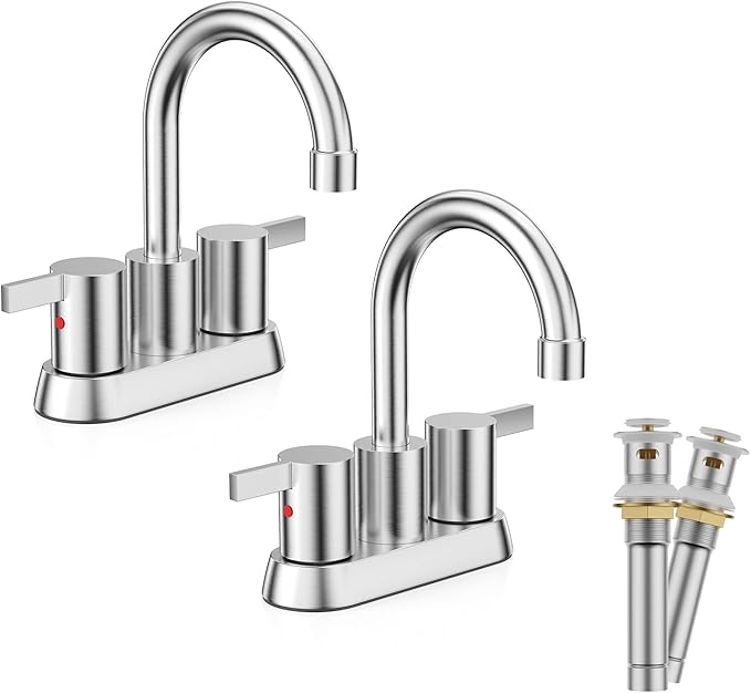 Phiestina Brushed Nickel 4 Inch 2 Handle Centerset Lead-Free Bathroom Sink Faucet 2 Pack, with Copper Pop Up Drain and Water Supply Lines,BF15-1-BN-2PACK