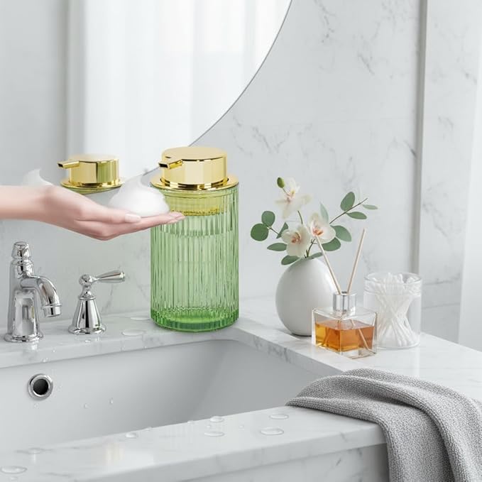 Foaming Soap Dispenser, 12 Oz Green Glass Foam Hand Soap Dispenser, Refillable Glass Foam Pump Bottle Container Decorative Slim Ribbed Bottle for Bathroom and Kitchen