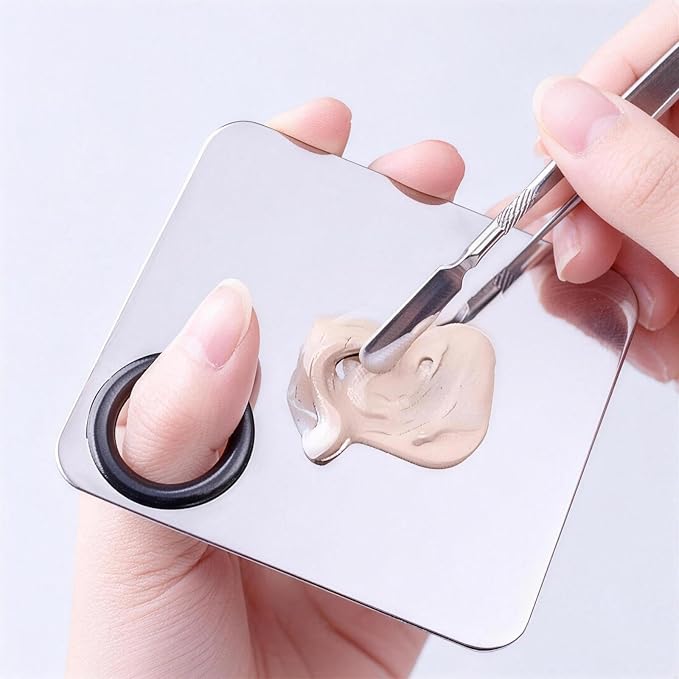 SEUNMUK 6 Pack 6 x 4 Inch Stainless Steel Cosmetic Palette with Spatula, 3-well Mixing Makeup Palette Nail-art Mixer Metal Tray for Foundation, Pigment, Nail Polish Blending, Silver