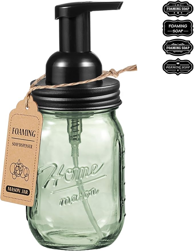 SheeChung 16Oz Mason Jar Foaming Soap Dispenser, Stainless Steel Lid, BPA Free Pump, Green Glass Foam Hand Soap Dispenser, Refillable Liquid Foam Dispenser Bottle for Bathroom Kitchen, Dish Soap-Black