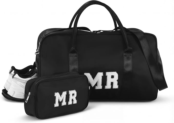 2 Pcs Wedding Weekender Bag Bride Groom Duffle Bag Chenille Letter Patch Travel for Bridal Shower Honeymoon Gift(MR,Black)