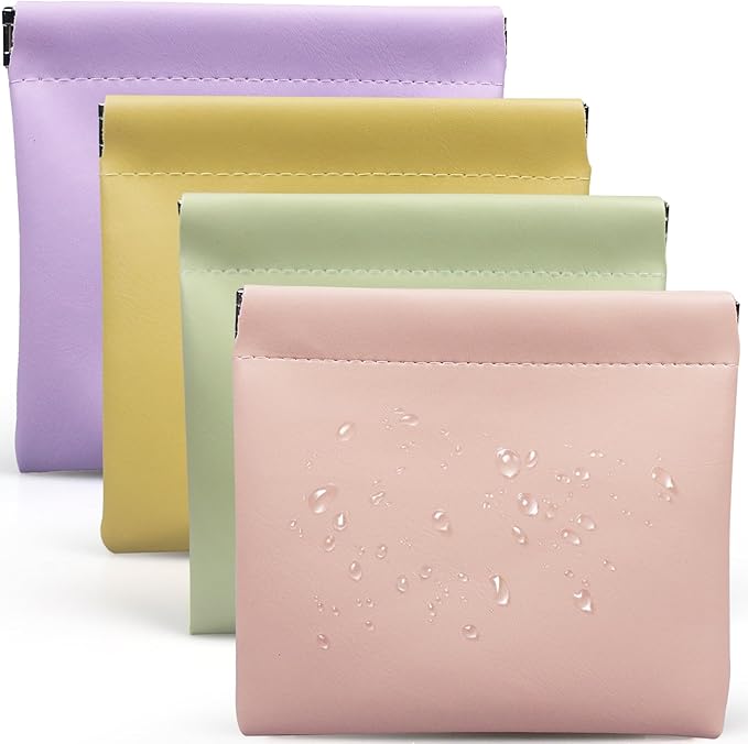 4 Pack 4.7"×4.7" Small Pouches for Purse, Snap Closure Organizer Pouch, PU Leather Purse Organizer Pouches for Women, Mini Pouch for Makeup, Cosmetics, Headphones, Jewelry, Coins