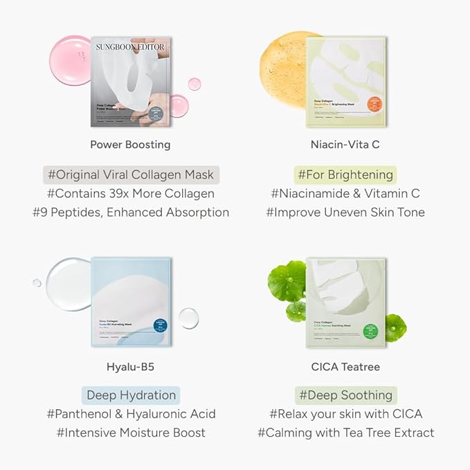 SUNGBOON EDITOR Deep Collagen HyaluB5 Overnight mask, Real Collagen 2,160,000ppb & Panthenol | Glass Skin, Moisture, Firming for Dry Skin, Face Masks, Real TikTok Viral, Korean Skin Care, 37gx1ea