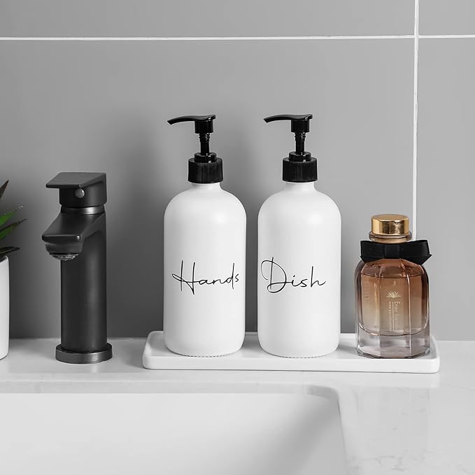 17 oz Hand Soap Dispenser Glass Liquid Dish Soap Bottles, Refillable Empty Lotion Pump Bottles for Bathroom Decor, Kitchen Sink, Matte Design, White, Pack of 2