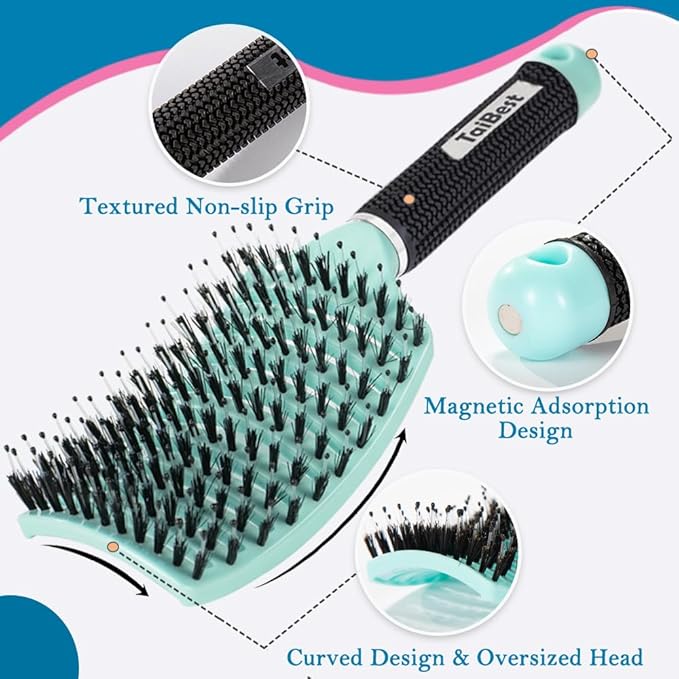 Boar Bristle Hair Brush Set - Dry/Wet Hair Brush Detangler for Fine, Thick, Curly Hair - Curved and Vented Hair Brush for Women, Men or Kids