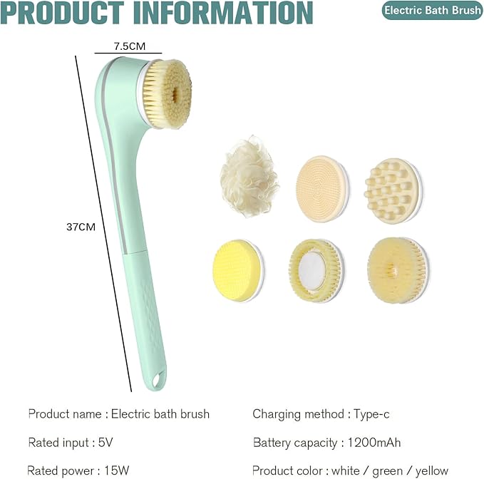 Electric Body Brush, Electric Body Scrubber, Long Handle Body wash applicator, Silicone Back Brush, 6 Shower Brush Heads ，for Cleaning, Massage and Exfoliation (Light Green)