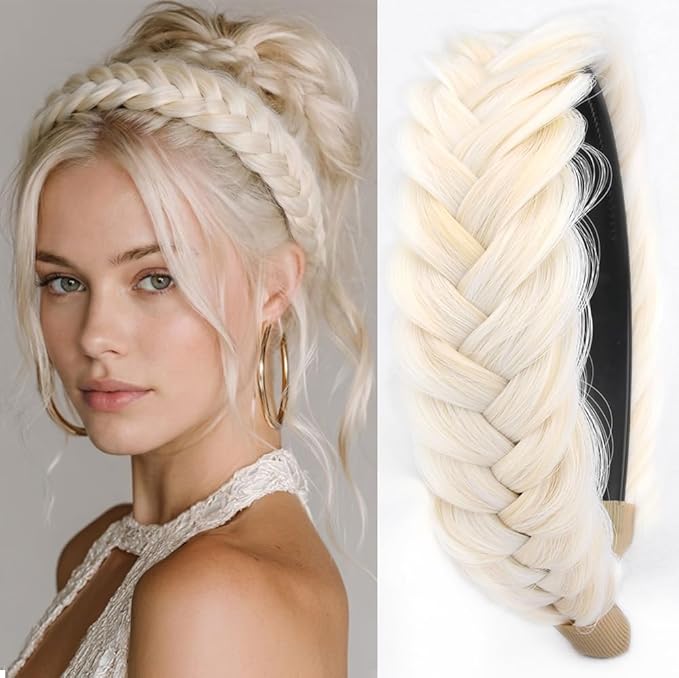 DIGUAN Wide Messy Braided Headband With Teeth Synthetic Hair Plaited Headband High Elasticity Braids Chunky Fishtail Braided Hair Band Hairpiece for Girls Women (Warm White)