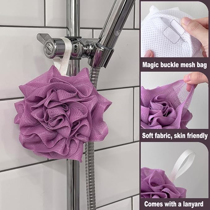 3 Pack Bath Loofah Shower with Soap Bags, Dual-Use Exfoliating Bath Sponges Soap Saver for Women & Men, Gentle Body Scrubber (White, Gray, Purple)