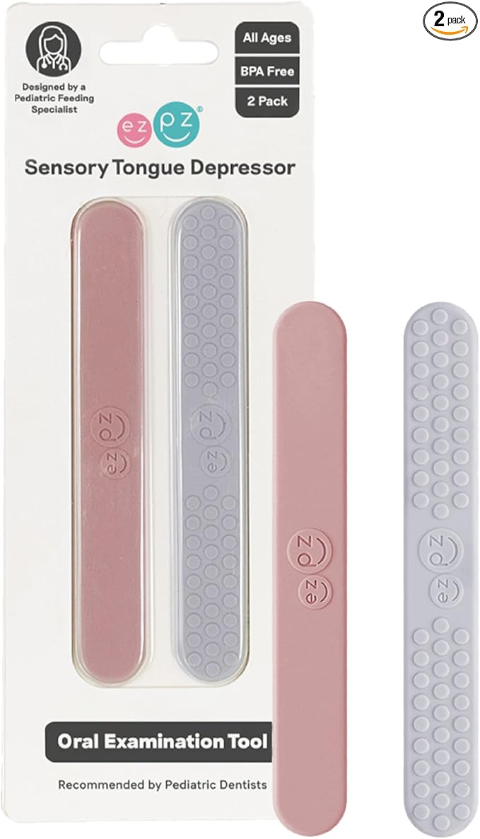 ezpz Sensory Tongue Depressors - All Ages (2 Pack in Blush/Pewter) - Silicone/Stainless Steel Tongue Depressor for Visibility Into The Mouth + Healthy Oral Care Routine