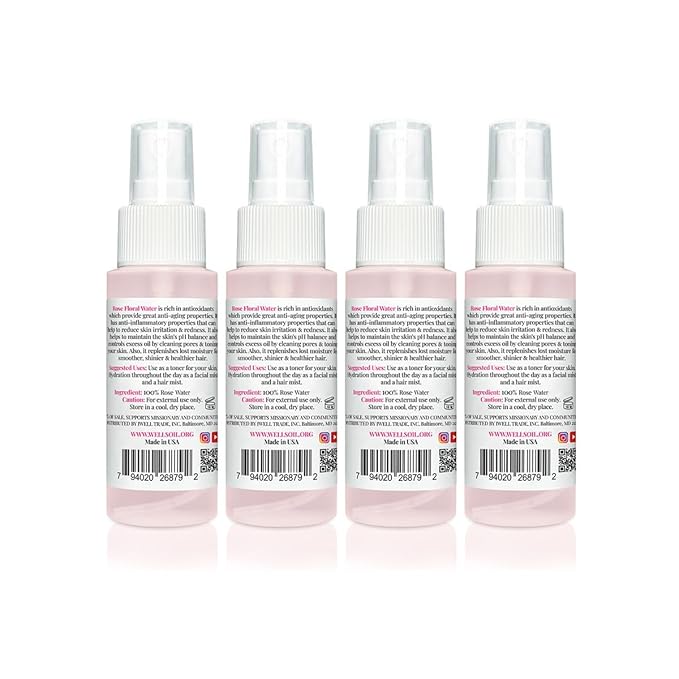 Well's Oil Rosewater Face & Hair Mist Spray (2 fl oz / 59 mL) | 4-Pack | Floral Rosewater Hydrosol | Alcohol-Free