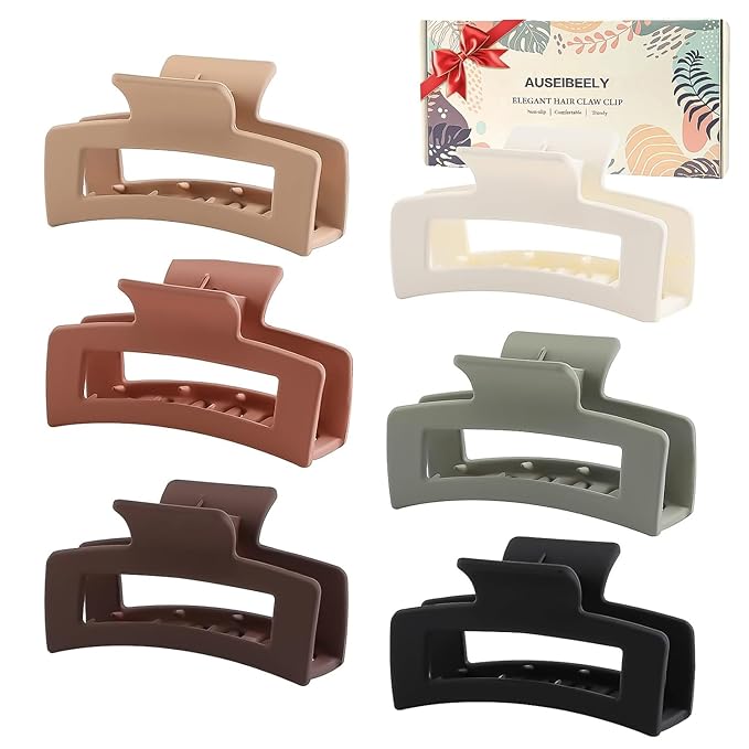 Auseibeely 6 Pack Square Claw Clips for Women Girls, 3.5" Medium Non-slip Rectangular Matte Claws Strong Jumbo Hair Styling Accessories for Thin Hair, Ideal for Gifts, Wine Red