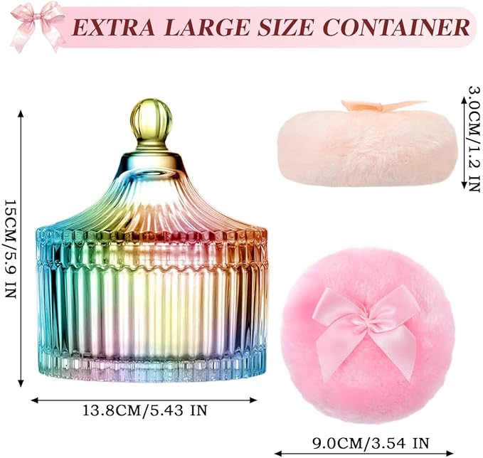 5 Pcs Extra Large Body Powder Puff and Container Set – 5.43" Oversize Crystal Powder Container | 3.54" Ultra-Soft Velour Puff, Washable & Reusable, Ideal for Face/Body Glitter & Wet/Dry Makeup