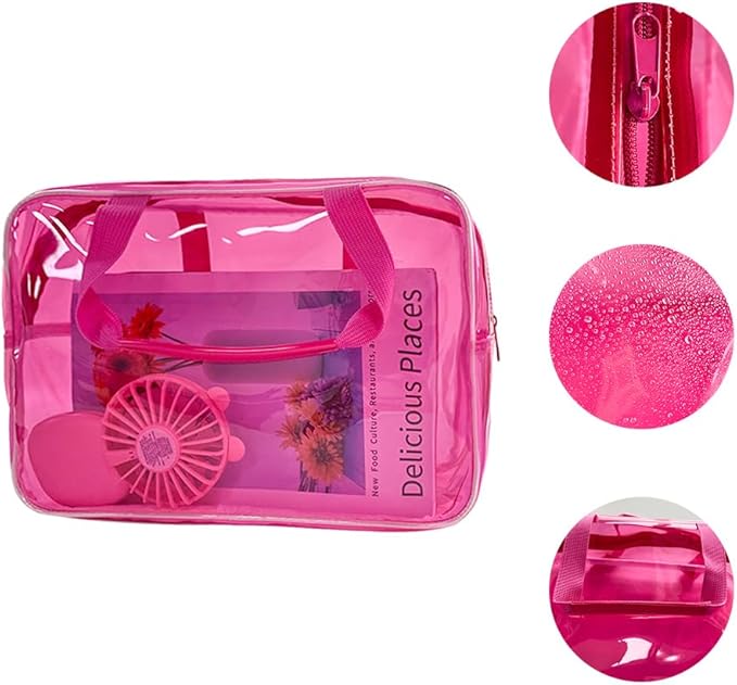 Pink PVC Pure Color Transparent Gift Pouch Wash Travel Makeup Cosmetic Bag with Handle for Travel Bathroom Toiletry Organizer (Pink)