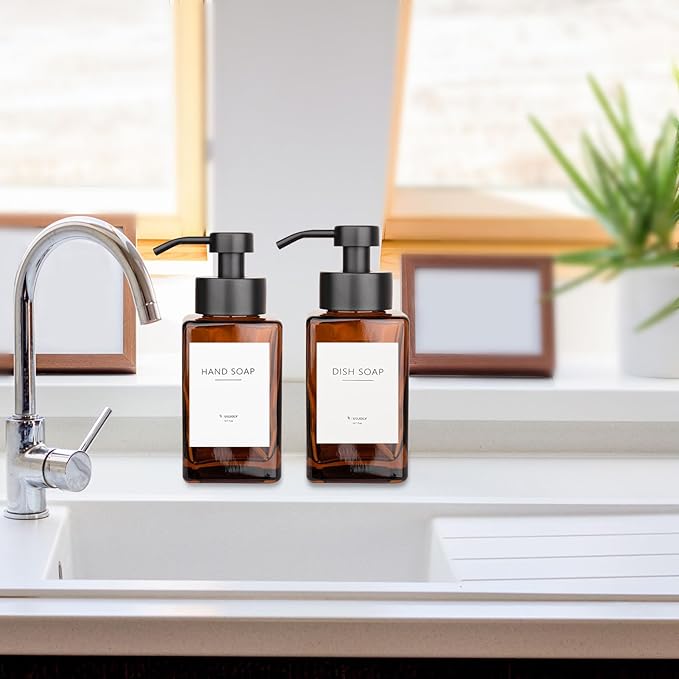 Foaming Soap Dispenser with Stainless Steel Pump, 12oz Refillable Glass Liquid Dish Soap Bottles for Bathroom, Kitchen Sink, Home Decor, 2 Pack